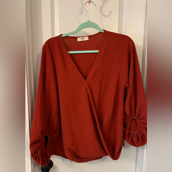 Entro Rust Red Wrap Blouse with Balloon Sleeves - Picture 1 of 4